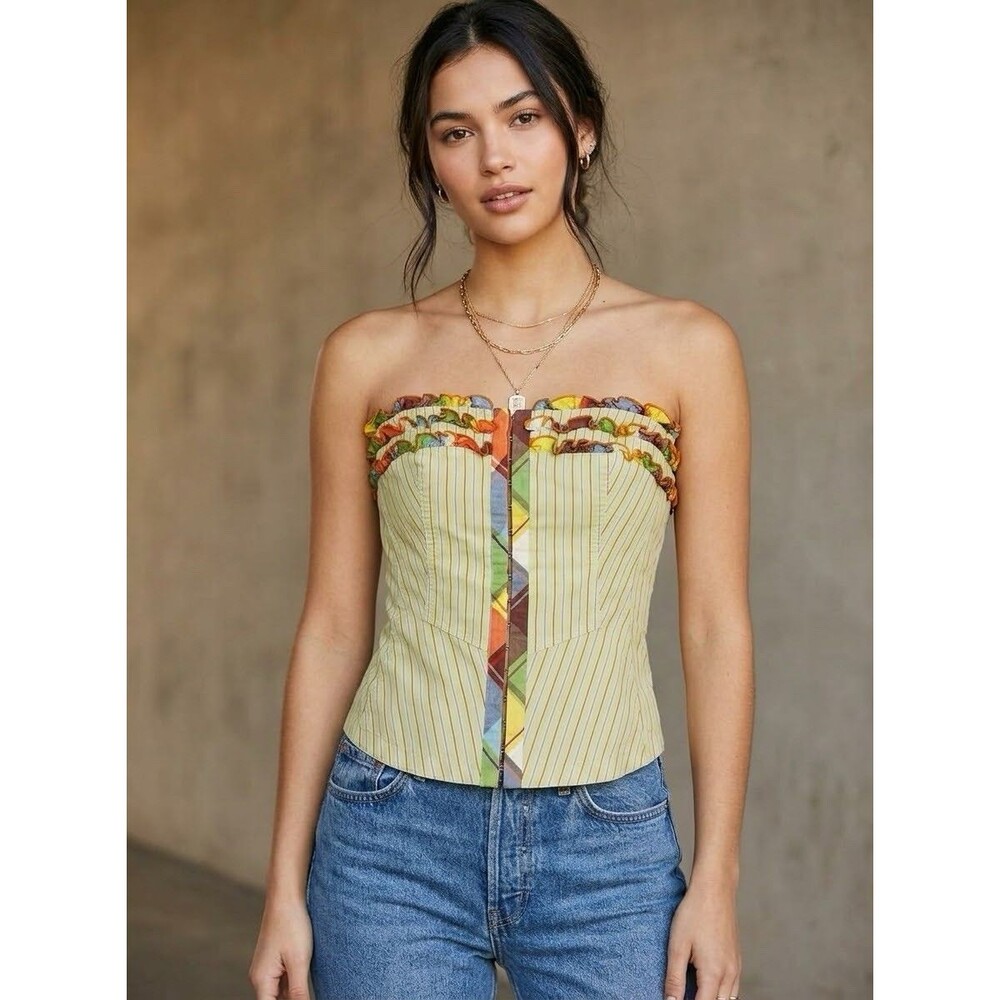 VTG Byron Lars Beauty Mark Plaid Ruffle Bustier Top Corset Green Striped Size 4